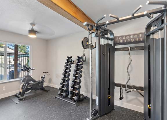 A well-equipped home gym with a variety of exercise machines.