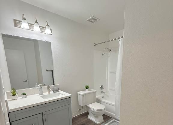 A bathroom with a white sink, toilet, and a mirror.