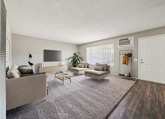 A living room with a couch, a chair, a coffee table, and a television.
