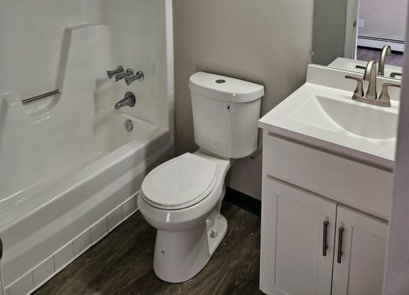 a bathroom with a toilet and a tub and a sink