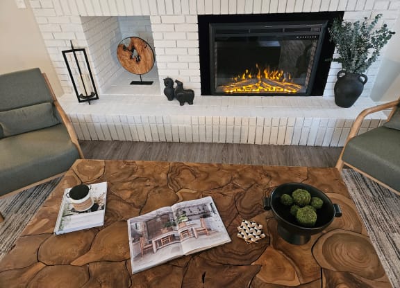 clubhouse with a fireplace and a coffee table