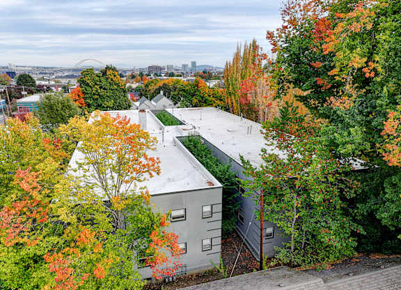 A building surrounded by trees with autumn leaves.