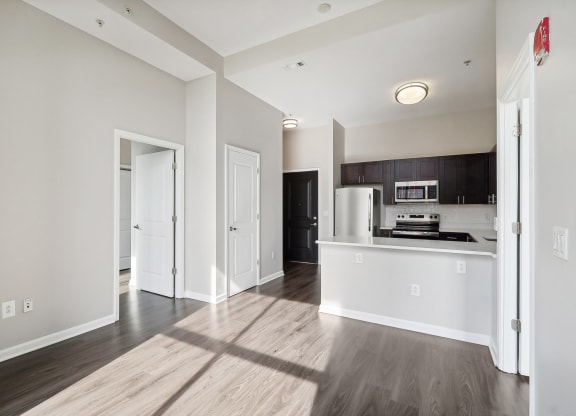 living room and kitchen of a apartment with white walls and wood floors