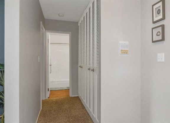 a hallway with a closet and a door to a bathroom at ReNew Aurora, Aurora, Illinois