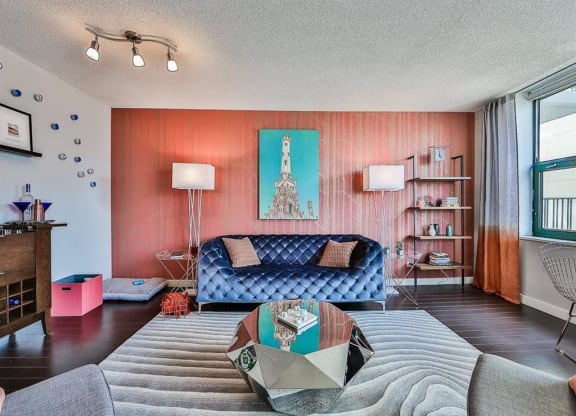 Living room with couch, table and lights1 at West77, Illinois, 60654