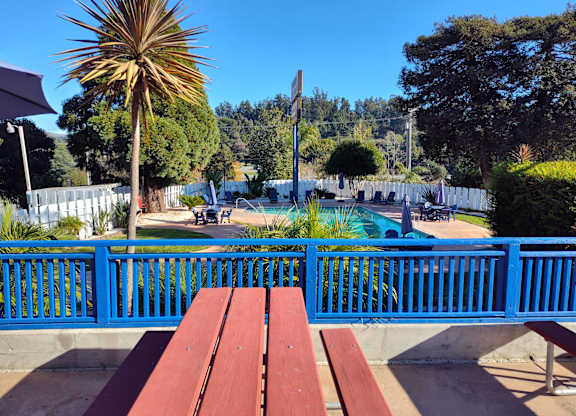 View of the pool from the deck at Salinas Sunset Apartments, California