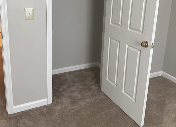 a walk in closet with a white door and gray walls at Woodgate, Charlottesville, 22901
