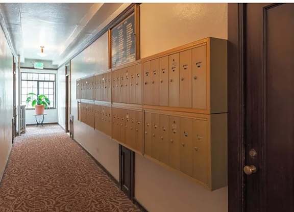Long hallway with mailboxes at The Lafayette, Portland, OR