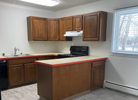 an empty kitchen with wooden cabinets and a counter