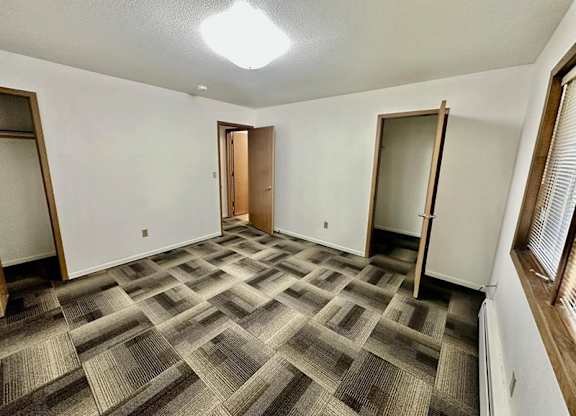 A room with a carpeted floor and a ceiling light.