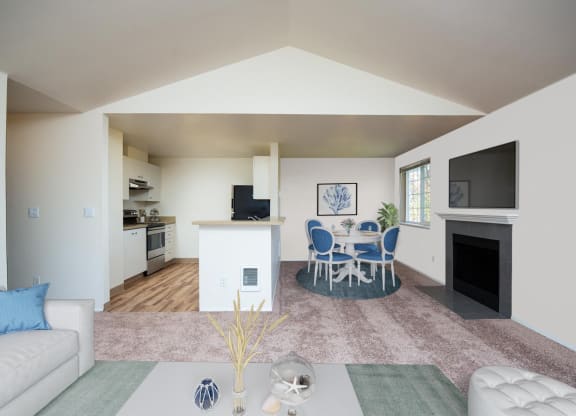a living room and dining room with a table and chairs at Murrayhill Park, Beaverton, OR