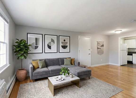 A living room with a grey couch, a coffee table, and three framed pictures on the wall.