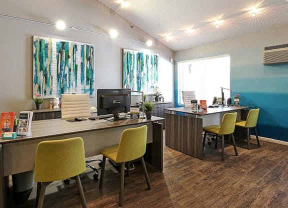 Clubhouse interior with white and blue wall colors1 at Twelve 501 Apartment Homes, Burnsville, 55337