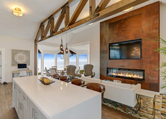Fireplace with ocean views at OceanAire Apartment Homes, California