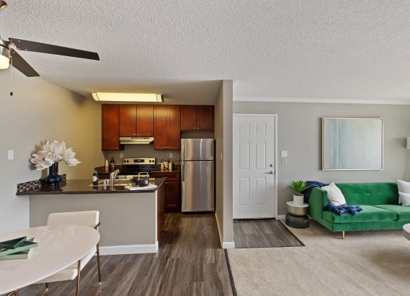 Apartment interior with view of living room and kitchen  at OceanAire Apartment Homes, Pacifica, CA, 94044