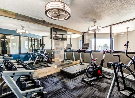 a gym with cardio machines and other exercise equipment  at ReNew at Neill Lake, Eden Prairie, 55344