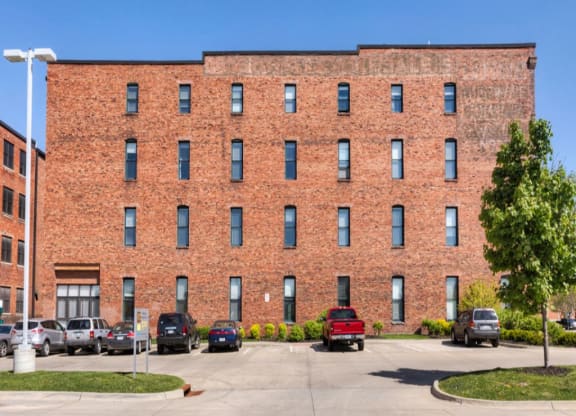 Exterior building view at Rocket Transfer Lofts, Des Moines, IA