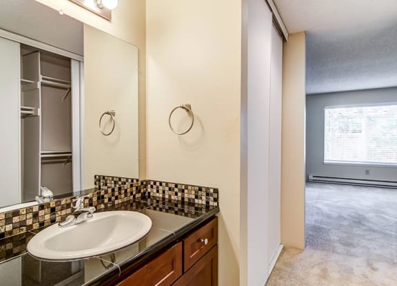 a bathroom with a sink and a mirror at The Bluffs at Mountain Park, Lake Oswego