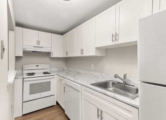 Kitchen With White Appliances at Flats at Merrill Pond, Worcester, MA 01607