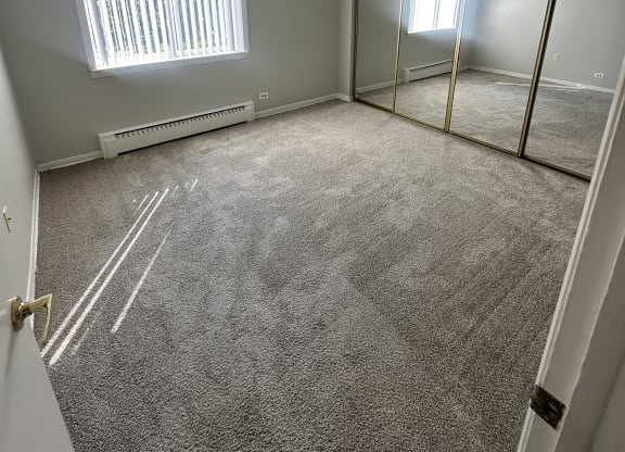 a room with a carpeted floor and a window and a mirrored closet at River Oaks, North Aurora, IL