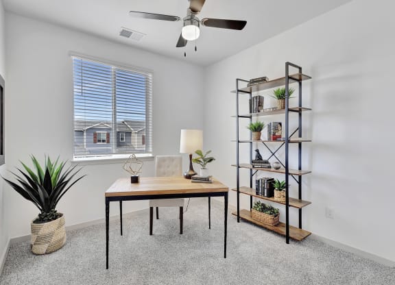 an office with a large window