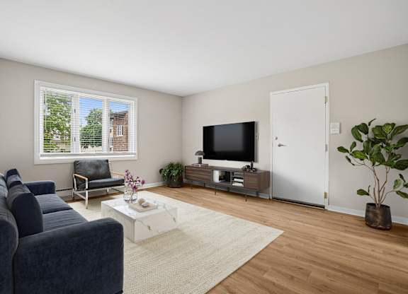 A living room with a blue couch and a television.
