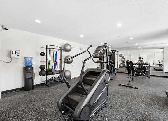 A gym with a treadmill, exercise bike, and weights.