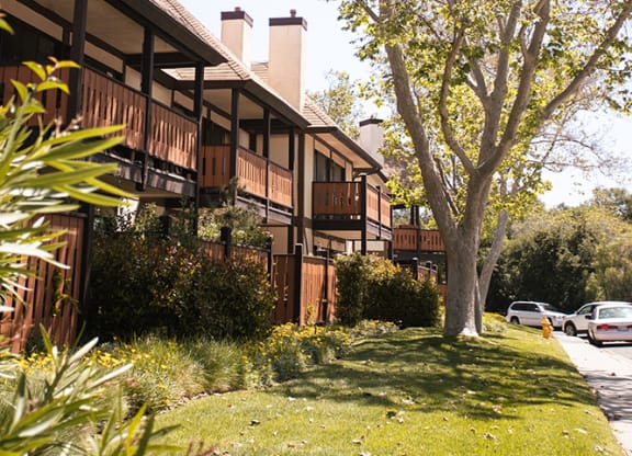 a row of buildings with a tree in front of them at Oak Park Apartments, California