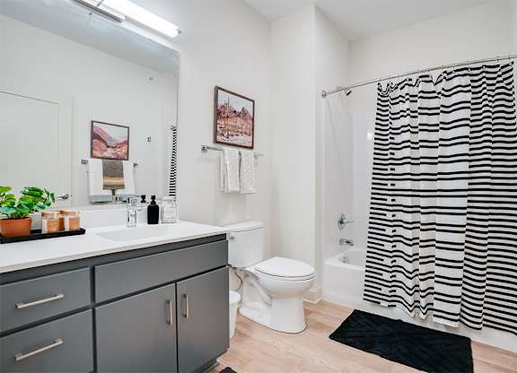 A bathroom with a white toilet, sink, and a shower curtain with black stripes. at Sora Apartments, Minneapolis, Minnesota