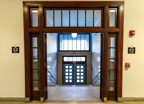 a view of the entrance to a building from the lobby