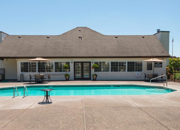 the pool is in front of the building at Sundial Apartments, Oregon, 97070