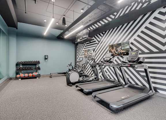 A gym with treadmills, exercise bikes, and dumbbells. at The Shale, Minneapolis Minnesota