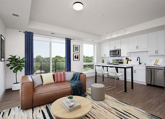 living room with a brown leather at The Shale, Minneapolis, 55406