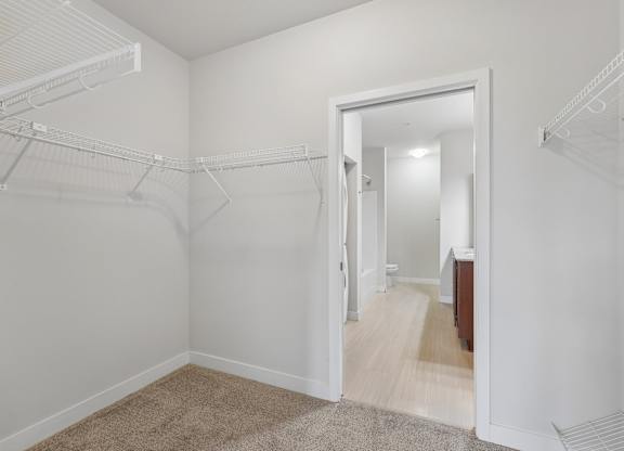 A white closet with a mirror and a doorway leading to a hallway.