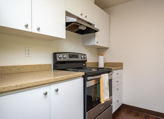 a kitchen with white cabinets and a black stove and oven at Murrayhill Park, Oregon, 97008