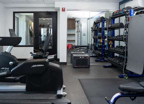 A gym with a treadmill, exercise bike, and weights.