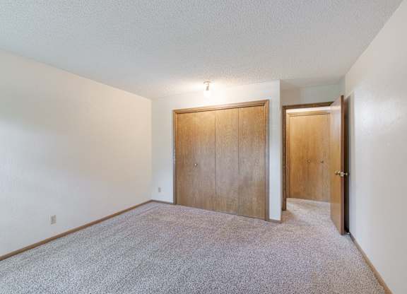 A room with a carpeted floor and two wooden doors.