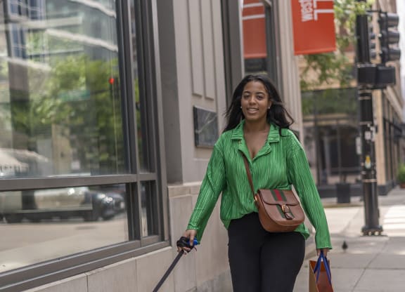 a woman walking her dog on the sidewalk at West77, Chicago, IL, 60654
