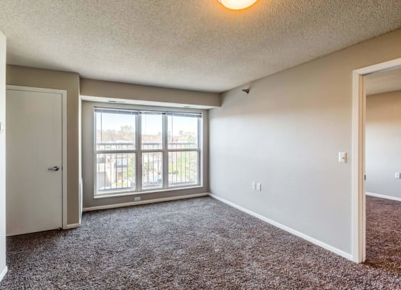 a bedroom with a large window and carpeted flooring