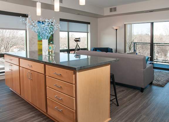 Kitchen with wooden cabinets and black countertop at Zest, Minnesota, 55419