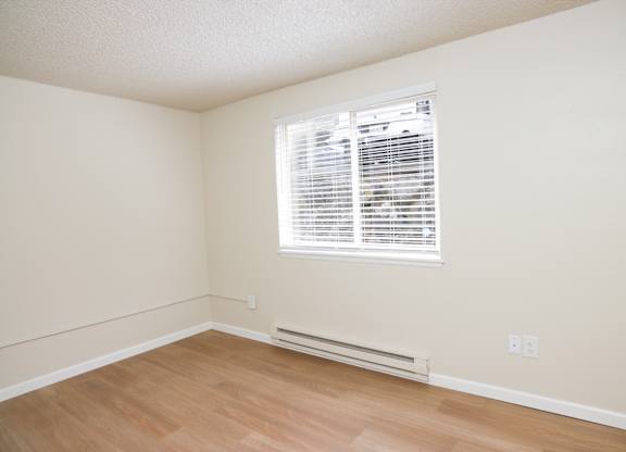 A room with a window and a radiator on the floor.