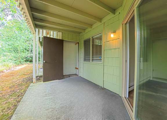 A green house with a brown door and a window.