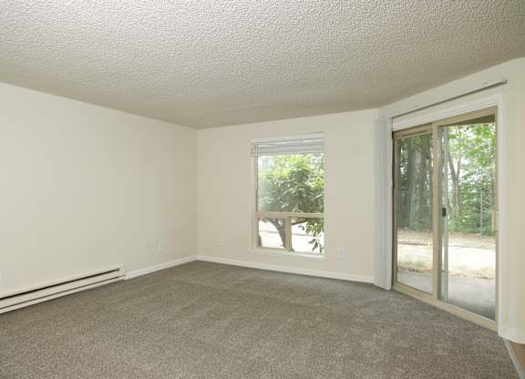 Empty room with carpeted floor and sliding glass door.