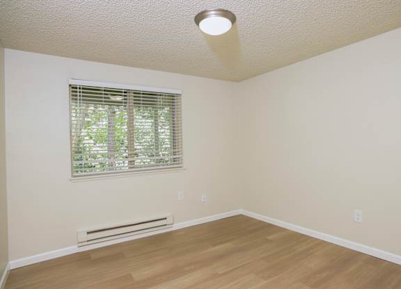 A room with a window and a heater.