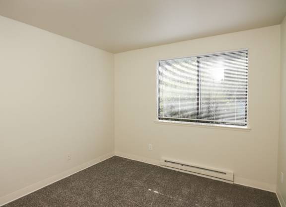 A room with a window and a radiator on the floor.