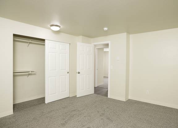 A room with a carpeted floor and two white doors.