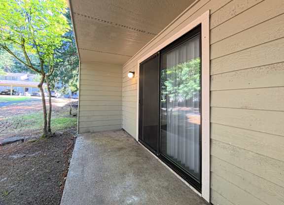 A sliding glass door with a black frame is on the side of a house.