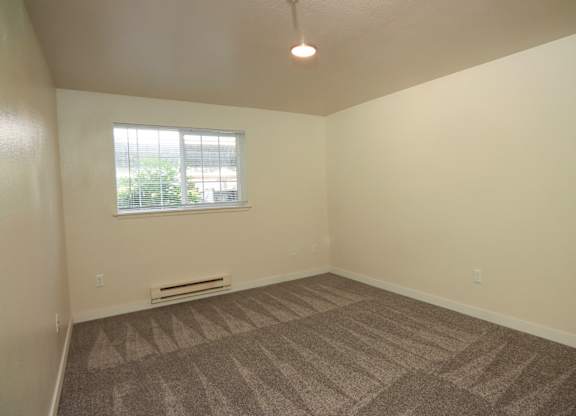 A room with a carpeted floor and a window.