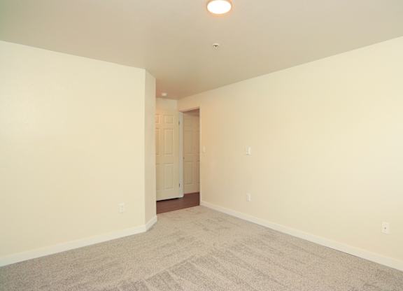 A room with a carpeted floor and a door in the background.