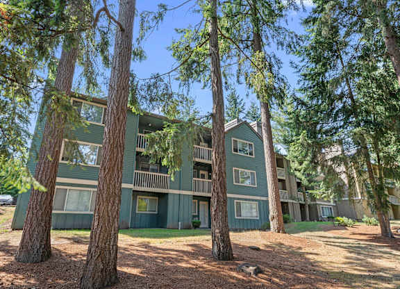 A green apartment building surrounded by trees.